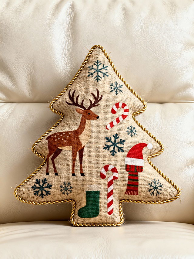 圣诞树形状的抱枕，麻布材质，边缘是金色丝线缝制而成，抱枕身印制着驯鹿、雪花、糖果、帽子、围巾等有关圣诞节图案。米白色真皮背景。