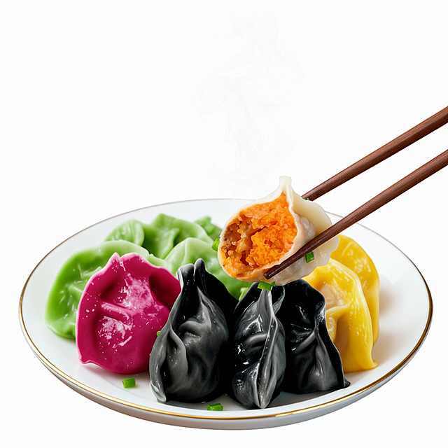 提取图片中的盘装饺子和筷子夹饺子图，帮我生成一张淘宝白底图。分辨率1440*1440