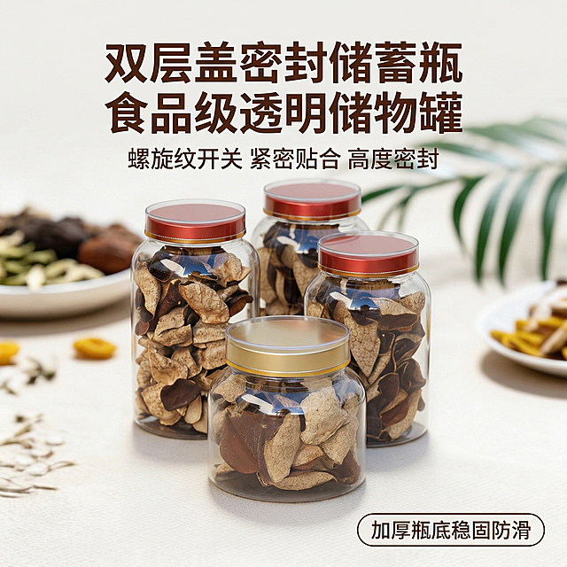 [主图 1] 双层盖储蓄瓶产品首图，氛围风格舒适简约，场景高级，自然明亮光影，透明储蓄瓶装有干货陈皮，四个大小不同的储蓄瓶摆放在浅色米白色纹理桌面上，背景虚化处有绿植和干果盘点缀，整体干净通透。主文案“双层盖密封储蓄瓶 食品级透明储物罐”，副标题“螺旋纹开关 紧密贴合 高度密封”，右下角胶囊标签“加厚瓶底稳固防滑”，字体为无衬线体深棕色，文案悬浮在背景留白处，不遮挡产品主体。