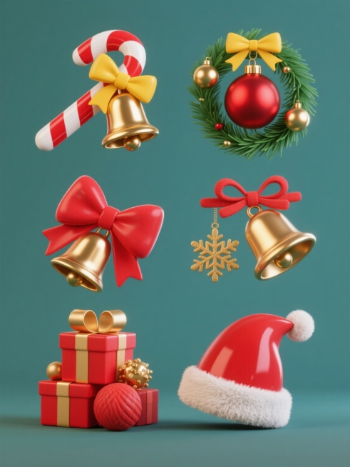 纯色背景上，6个完全不同材质的同元素同造型圣诞系列素材集合规整排布，3D立体风。包含红白条纹拐杖糖配红色蝴蝶结、红白条纹拐杖糖配黄色蝴蝶结挂金色铃铛、绿色松枝环绕金色红色圣诞球配红色丝带礼盒、红色金色铃铛雪花星星挂饰组合、红色礼盒堆配金色装饰、红色圣诞帽等圣诞元素。每个元素分别呈现金属质感、玻璃质感、木质纹理、毛绒质感、哑光陶瓷质感、光滑塑料质感，保持3D立体的光影效果和圆润饱满的造型，整体设……预览效果