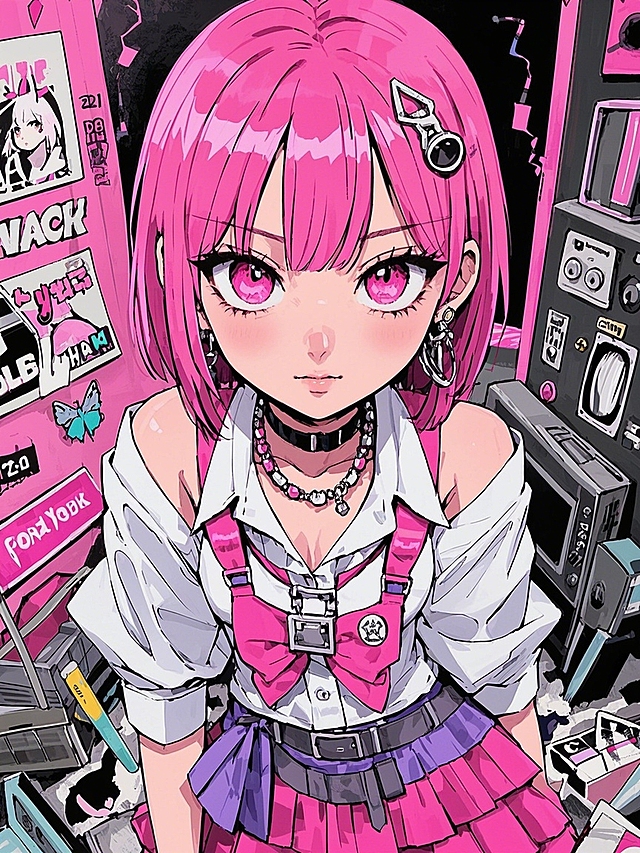 未来感十足的动漫少女，霓虹灯风背景，潮流Y2K风格，可爱机能设计。