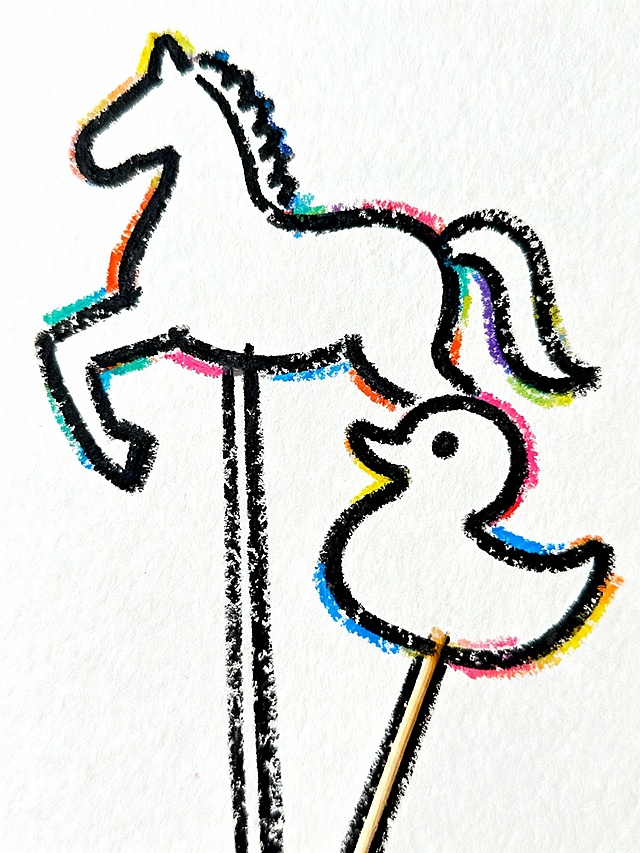 蜡笔画风格，两个糖人，一个马形状的糖人，一个小鸭子的糖人，每个都用签子插着，黑色轮廓线条，白色背景，粗粝的蜡笔质感，色彩溢出线条边缘，充满孩童绘画的原始笔触和天真烂漫的艺术感，尺寸3比4 ，生成4张图