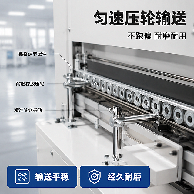 [主图-5] 压轮输送工位卖点图。
[氛围风格] 精密工业风，专业稳定，洁净明亮。
[画质] 高清工业写实画质，设备外形严格原样不修改变形，画质锐利细节清晰。
[元素] 画面主体为包边机压轮输送工位特写，展示多组压轮整齐排列、镀铬调节配件、输送导轨结构，压轮表面橡胶纹理清晰，镀铬配件光亮耐磨，体现匀速输送不跑偏的特性。背景为洁净浅灰工厂环境虚化。保持压轮组、输送工位、镀铬配件等外观与输入产品图一致。画面聚焦输送压轮区域。商品主体占比约70%。
[光影] 侧前方主光打亮压轮组，镀铬配件有明亮高光，橡胶压轮纹理清晰，阴影柔和，突出精密感。
[配色] 主色浅灰背景；辅色白机身+银色镀铬；强调色黑色橡胶压轮。
[视角构图] 平视微侧角度，聚焦压轮输送工位，景深较浅，背景虚化。
[文字版式] 右上负空间右对齐，主标题大字粗体："匀速压轮输送"，下方辅助文字："不跑偏 耐磨耐用"。左侧画面用引线标注三处细节："镀铬调节配件""耐磨橡胶压轮""精准输送导轨"。底部横排两个卖点块：左块"输送平稳"，右块"经久耐磨"。
[输出要求] 1:1比例，文字清晰可辨，超高清工业摄影质感。
[负向提示词] 变形，文字错乱，产品图模糊，背景杂乱，水印，电商平台Logo，多余的手，多余的手指，畸形手，融合手指，手部扭曲，肢体穿模，人物面部扭曲，关节反折。