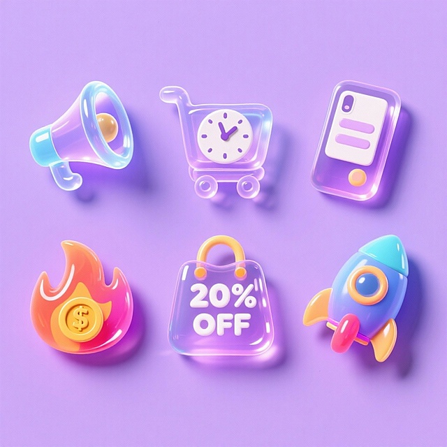 梦幻感与清透感交织的玻璃风图标，融合软3D与轻拟物设计，展现科技感与可爱感，潮流感十足，适合节日促销场景。