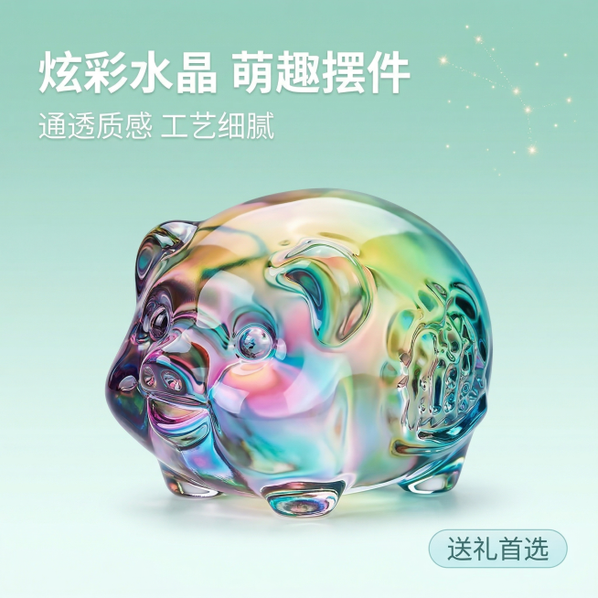 [垫图]输入彩色小猪水晶摆件图；[主图主题]彩色小猪水晶摆件首图；[氛围/风格]清新精致质感风，柔和自然光，通透光影感；[画面元素]彩色小猪水晶摆件居中放置，主体占比60%，背景为浅薄荷绿渐变纯色，右预览效果