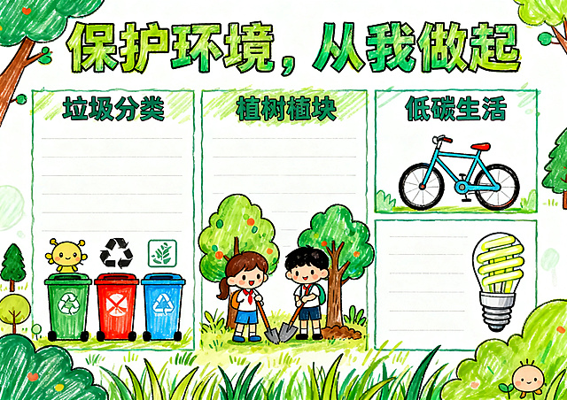 爱护环境主题手抄报，A4横版尺寸，马克笔手绘风格，标题"保护环境，从我做起"，包含垃圾分类、植树、低碳生活板块，添加草地、树木、垃圾桶卡通元素，清新绿色配色，排版活泼适合学生