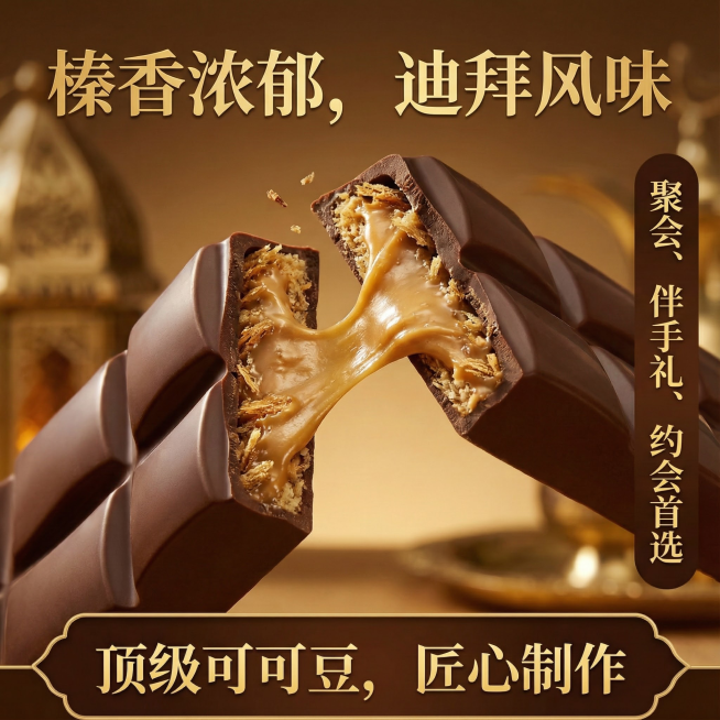 这张图片是产品主体这款产品是迪拜巧克力， 产品克重分别是45克和25克，口味有榛子味和开心果味    我需要设计20张主图在拼多多上面售卖 主图场景布局能用到的多场景元素布局显得高级一些      场预览效果