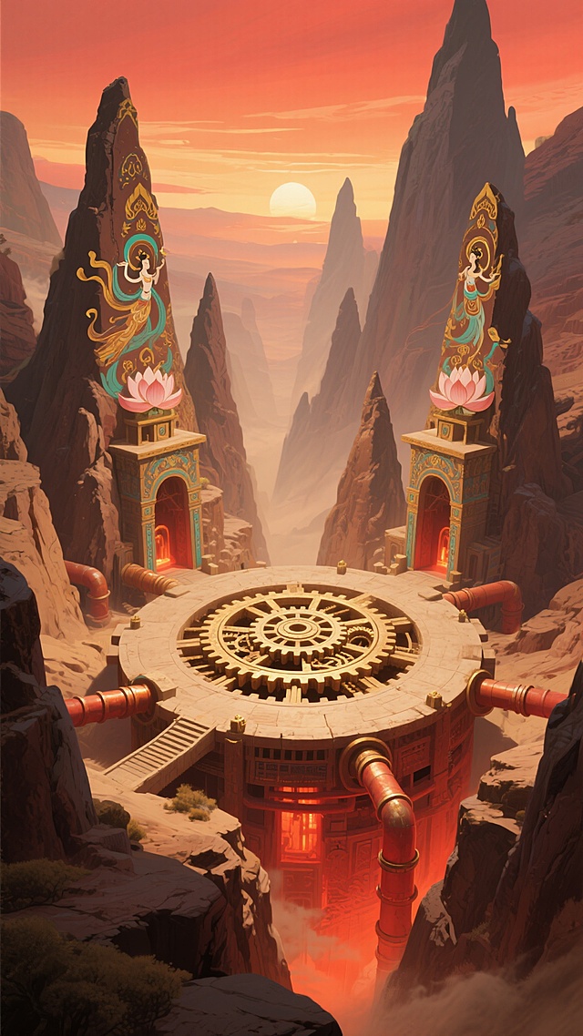 奇幻风格插画，峡谷地貌场景，中央是带有复杂齿轮结构的圆形平台建筑，平台及连接的管道散发着温暖的赭红色光芒，周围环绕着尖锐的岩石山峰，部分山峰顶部呈现出敦煌壁画中常见的飞天纹样和莲花装饰，整体色调以土黄色、红褐色、深棕色为主，搭配金色和青绿色点缀，光影呈现出日落时分的柔和暖光效果，营造出神秘而庄严的古老文明氛围，画面具有明显的空间纵深感，远处的天空呈现出渐变的橙红色。