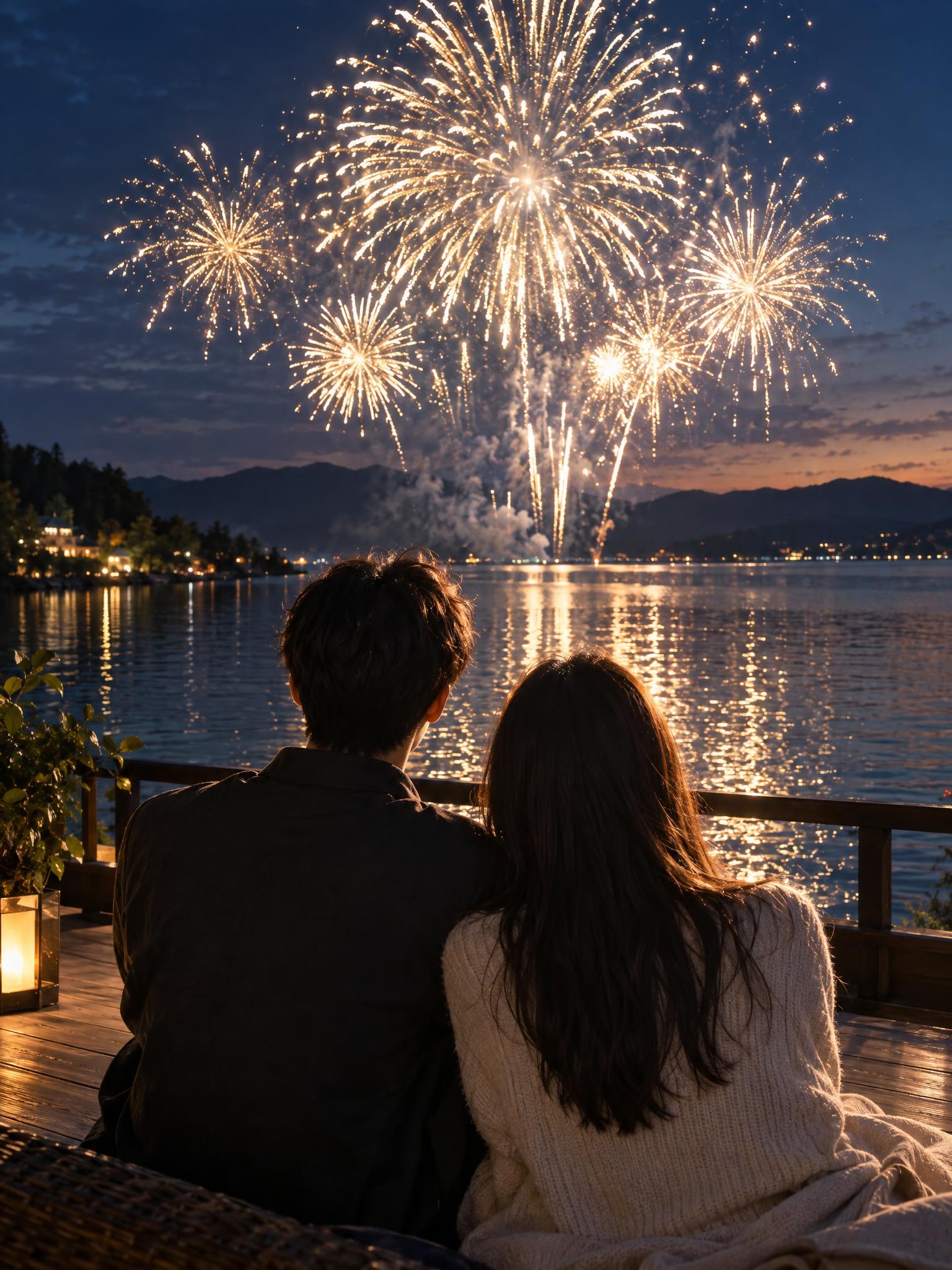 竖版3:4写实电影静帧：夜幕刚落的湖畔，原创东亚青年情侣并肩坐… - 图片创意预览