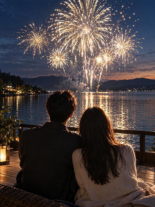 竖版3:4写实电影静帧：夜幕刚落的湖畔，原创东亚青年情侣并肩坐在露台边，从背后拍摄，天空绽放大片白金色烟花，烟花映亮两人的发丝和肩膀，湖面有细碎倒影，温柔克制的电影感。画面中无文字、无水印、无标志、无logo、无字幕。超高清2K画质，细节丰富。