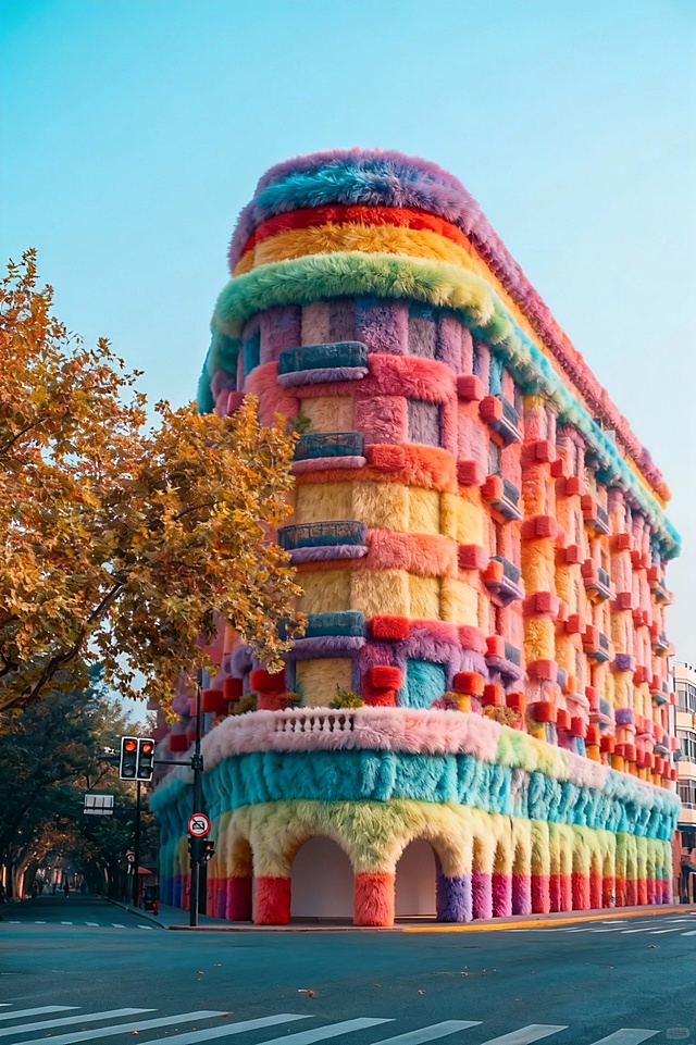 【当建筑被毛绒包裹】梦幻感与可爱感交织的软3D建筑，毛发生长风包裹彩虹色立面，超现实主义城市景观，趣味卡通风格