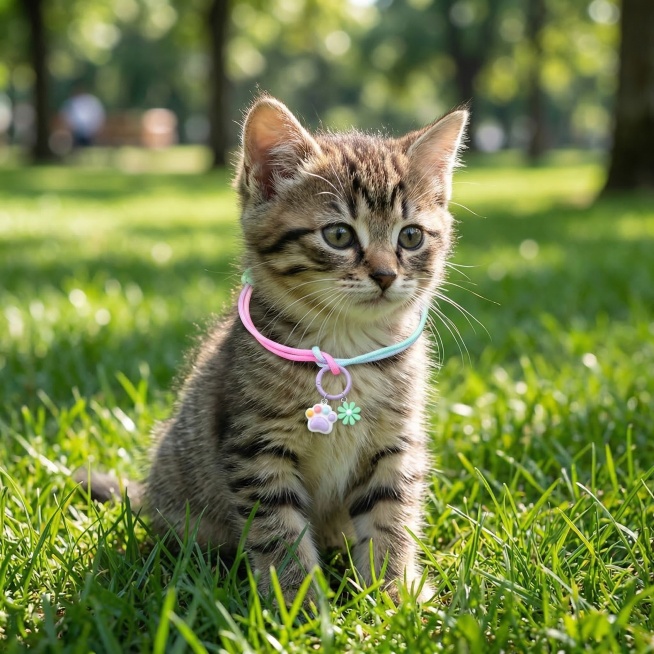 一只可爱的小猫在户外公园草地上，佩戴着与参考图完全相同的项圈（粉色、绿色、蓝色渐变绳索，橙色金属扣，紫色圆环，爪印和花朵吊坠），项圈的位置、颜色、细节必须与参考图完全一致，真实摄影风格预览效果
