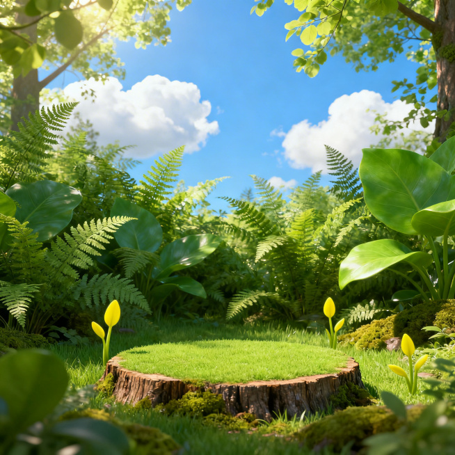 一片生机盎然的绿色草地，草地上覆盖着茂密的蕨类植物和宽大的绿色叶片，几株鲜嫩的黄色小芽点缀其间。背景是晴朗的蓝天，飘着几朵洁白的云彩，阳光透过树叶洒下柔和的光影，营造出宁静自然的氛围。地面原本放置树桩预览效果