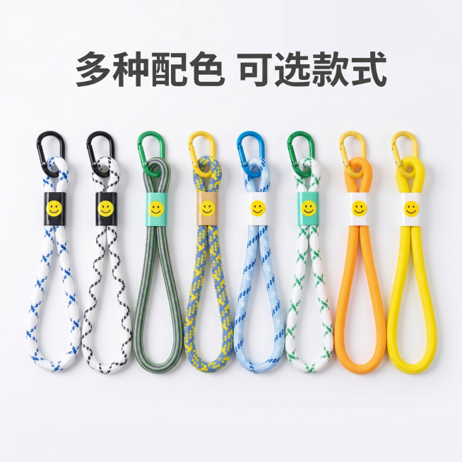 [主图 2] 核心卖点：多配色齐全展示。
[氛围风格] 清新简约实用风，干净通透真实感。
[画质] 商业摄影质感、光线柔和通透、产品清晰真实、画面干净高级。
[元素] 八款不同颜色款式的笑脸手腕挂绳整预览效果