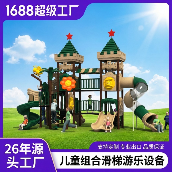 将这张滑梯设备图设计为1:1正方形商品主图，更换背景为户外晴朗蓝天草地，添加紫色侧边和底部信息栏，调整文字布局让滑梯产品更突出：左上角白色大字"1688超级工厂"，左下角白色大字"26年源头工厂"，底预览效果