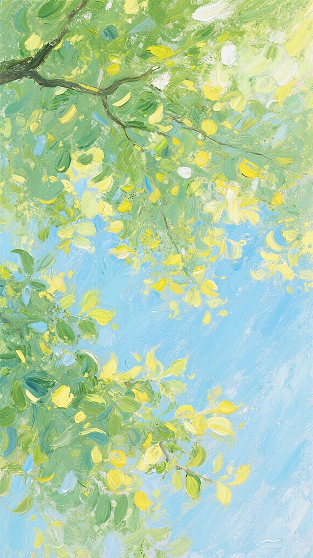 印象派风格油画，以流动感十足的厚重笔触描绘夏日背景，主色调调整为清新的薄荷绿、明亮的柠檬黄与纯净的天空蓝交织，光影呈现斑驳的阳光透过层层叠叠的叶片洒下的效果，笔触灵动且富有动感，营造出清爽、生机勃勃、充满活力的夏日氛围，画面整体色彩明快透亮，展现出夏日午后树荫下光影晃动的惬意与清凉感。