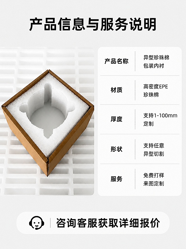 [第9屏] 产品参数-珍珠棉规格信息和服务收口，本屏使用【图1】产品展示。
[氛围/风格] 严谨规整，信息清晰，最后一屏收口，专业总结。
[元素布局] 左侧放成品珍珠棉包装盒产品图，右侧为参数表格区域，标注产品名称、材质、类型、可定制范围、服务内容，产品图保持与输入图一致，参数排版整齐清晰。
[光影质感] 均匀布光，产品和参数都清晰可见，对比自然。
[配色色系] 浅灰色背景，左侧产品正常展示，右侧参数区域白色卡片，黑色文字，干净规整。
[视角构图] 左右分屏，左产品右参数，均衡舒适，信息分布合理。
[文字版式] 顶部总标题「产品信息与服务说明」粗体，右侧参数表格，每行一个参数项，包含：产品名称 异型珍珠棉包装内衬；材质 高密度EPE珍珠棉；厚度 支持1-100mm定制；形状 支持任意异型切割；服务 免费打样 来图定制；底部加粗文字「咨询客服获取详细报价」，文字清晰对齐，排版整齐。
[比例分辨率] 3:4竖版比例，4K分辨率，文字清晰可辨，高清画质。
[负向提示词] 变形，文字错乱，产品图模糊，背景杂乱，水印，电商平台Logo。