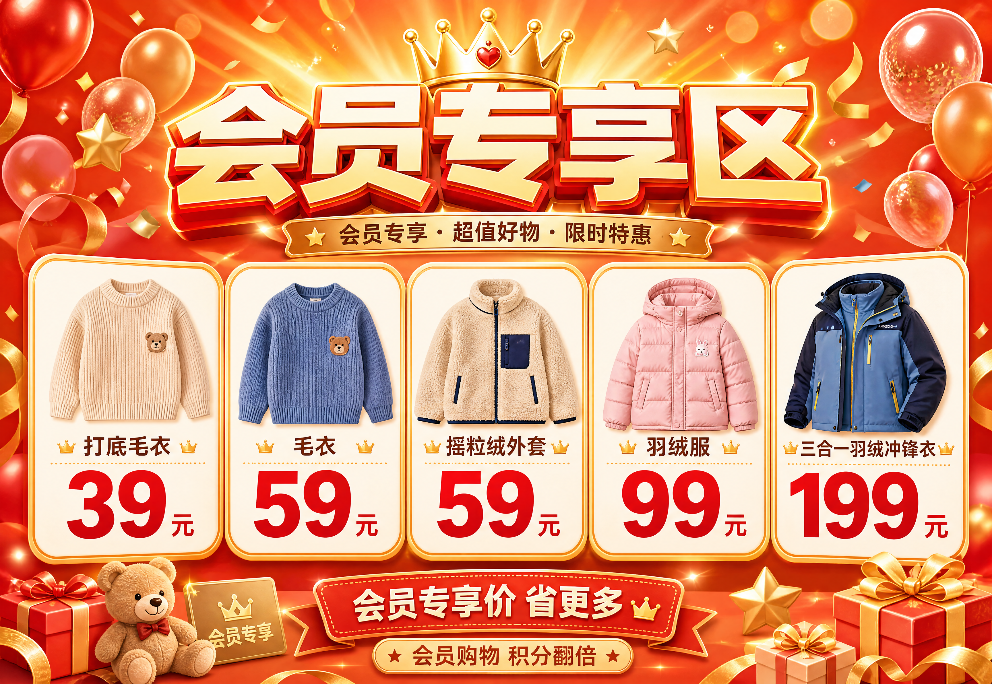 会员专享区童装促销海报，横版构图，宽高比例5800:4000。… - 图片创意预览