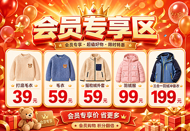 会员专享区童装促销海报，横版构图，宽高比例5800:4000。顶部有醒目的主标题"会员专享区"，字体粗大醒目有强烈视觉冲击力，采用立体效果或橙红渐变色彩突出显示，标题周围有金色光芒和会员专属皇冠图标装饰。画面中部是五个价格商品板块，横向排列或网格排列，依次展示：1. "打底毛衣 39元"；2. "毛衣 59元"；3. "摇粒绒外套 59元"；4. "羽绒服 99元"；5. "三合一羽绒冲锋衣 199元"。每个板块都有精美的卡片式边框，价格数字用超大号粗体字突出显示，商品名称清晰可读，并配有对应的童装商品图标或简约插画（毛衣、摇粒绒外套、羽绒服等）。背景为温暖喜庆的橙红色渐变，搭配金色光斑、彩带、气球、小星星、礼盒等会员促销装饰元素。版式精美大气，层次分明，文字清晰可读，适合作为商场店内会员专享价格海报使用。整体风格热闹喜庆、超值促销感，母婴童装品牌风格，超高清画质。画面中所有文字必须精确渲染，不得错位、遗漏或编造。画面中所有数字必须精确渲染，不得错位、遗漏或编造。画面中所有信息区域必须填充完整合理的内容，不得出现空白框或占位区域。