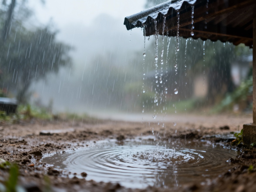 雨丝细密地斜织着，给世界笼上了一层朦胧的水汽，远处的景物仿佛被晕染开的水墨画，近处的屋檐下挂着晶莹的水帘，地面上溅起一圈圈涟漪，空气中弥漫着湿润的泥土气息，清新自然，柔和的光线，氛围感十足预览效果