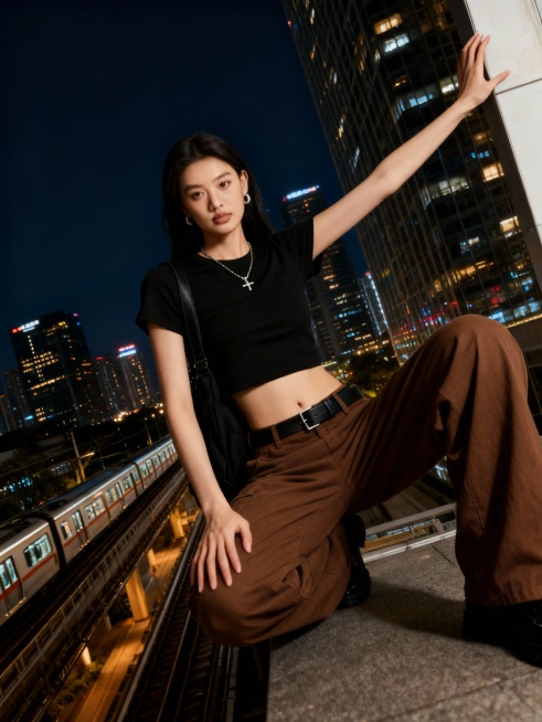 根据参考图巨物化，人物一只膝盖曲起，同侧手搭在膝盖上，另一只手搭在高楼上，夜晚的都市背景，高楼大厦灯火通明，轨道交通穿城而过。巨人与微缩城市之间形成极致的尺度对比，人物与建筑产生强烈视觉分离，奇幻的叙预览效果