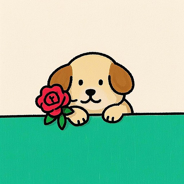 小狗，叼玫瑰，浅绿色背景，边缘探出头