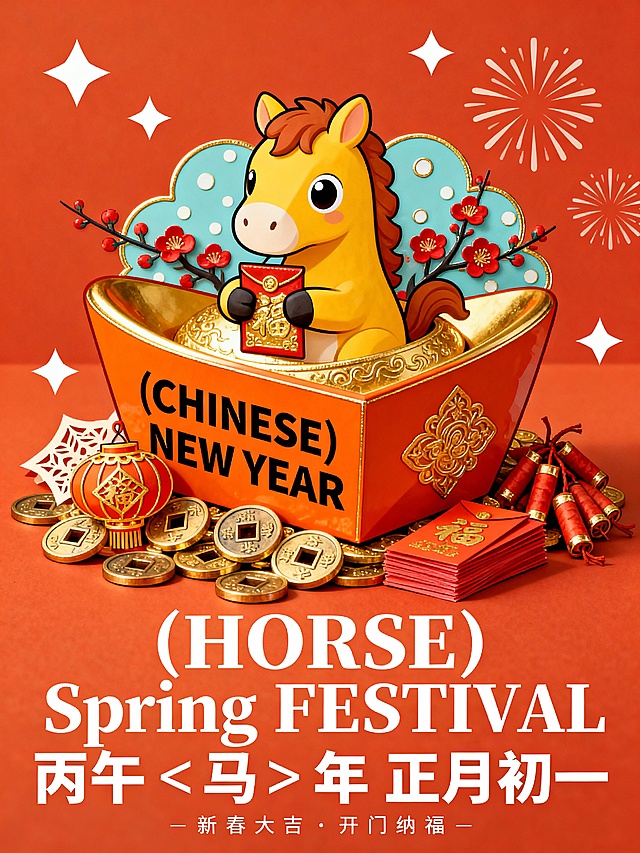 国潮风插画，拟人化小马坐于鎏金元宝中，手持红包，搭配剪纸元素与喜庆红金配色，融合卡通感与重拟物设计，传递新春喜庆氛围。