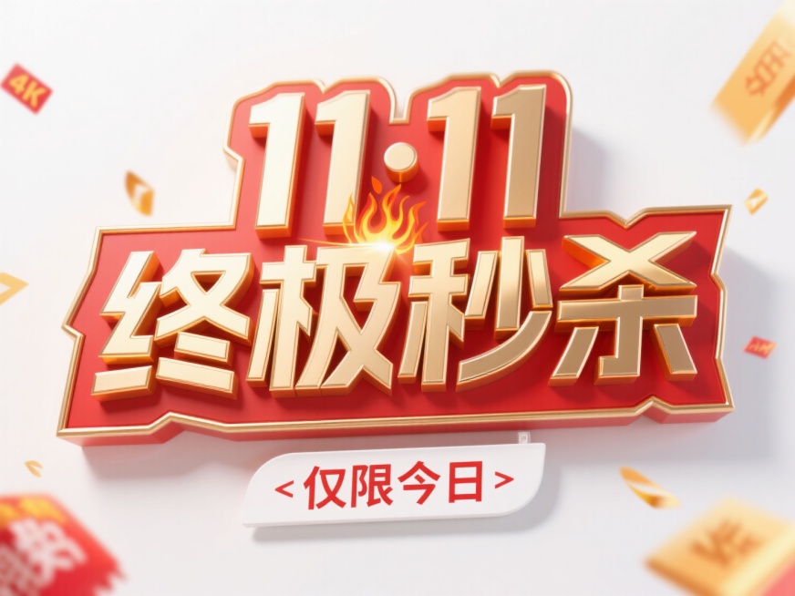 金属艺术字体设计“11·11 终极秒杀 ”，金色火焰金属质感，底层为哑光红底中层勾勒边框，白色背景，下方有 “仅限今日” 白色标签。活动氛围，促销元素包围。4K超清预览效果