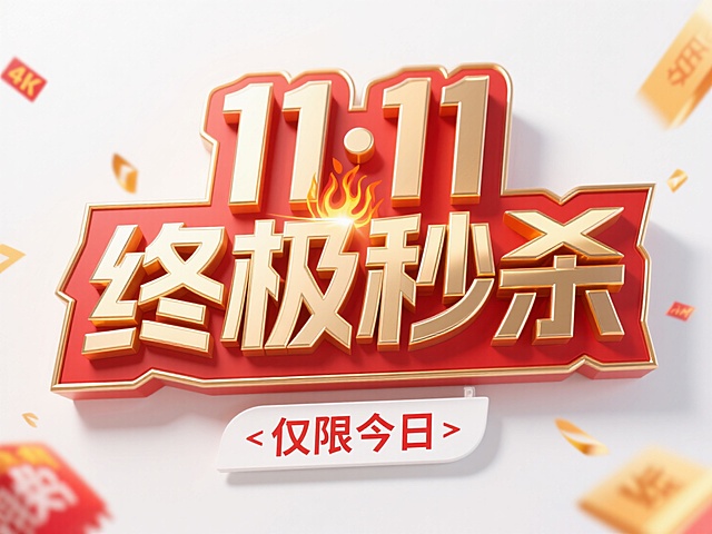金属艺术字体设计“11·11 终极秒杀 ”，金色火焰金属质感，底层为哑光红底中层勾勒边框，白色背景，下方有 “仅限今日” 白色标签。活动氛围，促销元素包围。4K超清