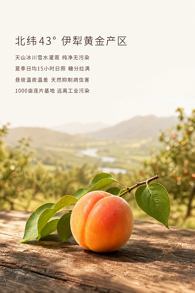 保持原图所有文案排版、构图布局、远景杏园背景、枝叶木质台面细节不变，仅修改小红杏颜色。将小红杏调整为自然的红橙渐变，向阳面晕染着通透的胭脂橘红色，背阴面自然过渡到温润的蜜杏黄色，色彩过渡柔和不生硬，去掉人工催红的假艳感，呈现自然成熟的色泽。保持整体暖调自然光，柔和柔光，低对比度的风格不变，分辨率8K高清。