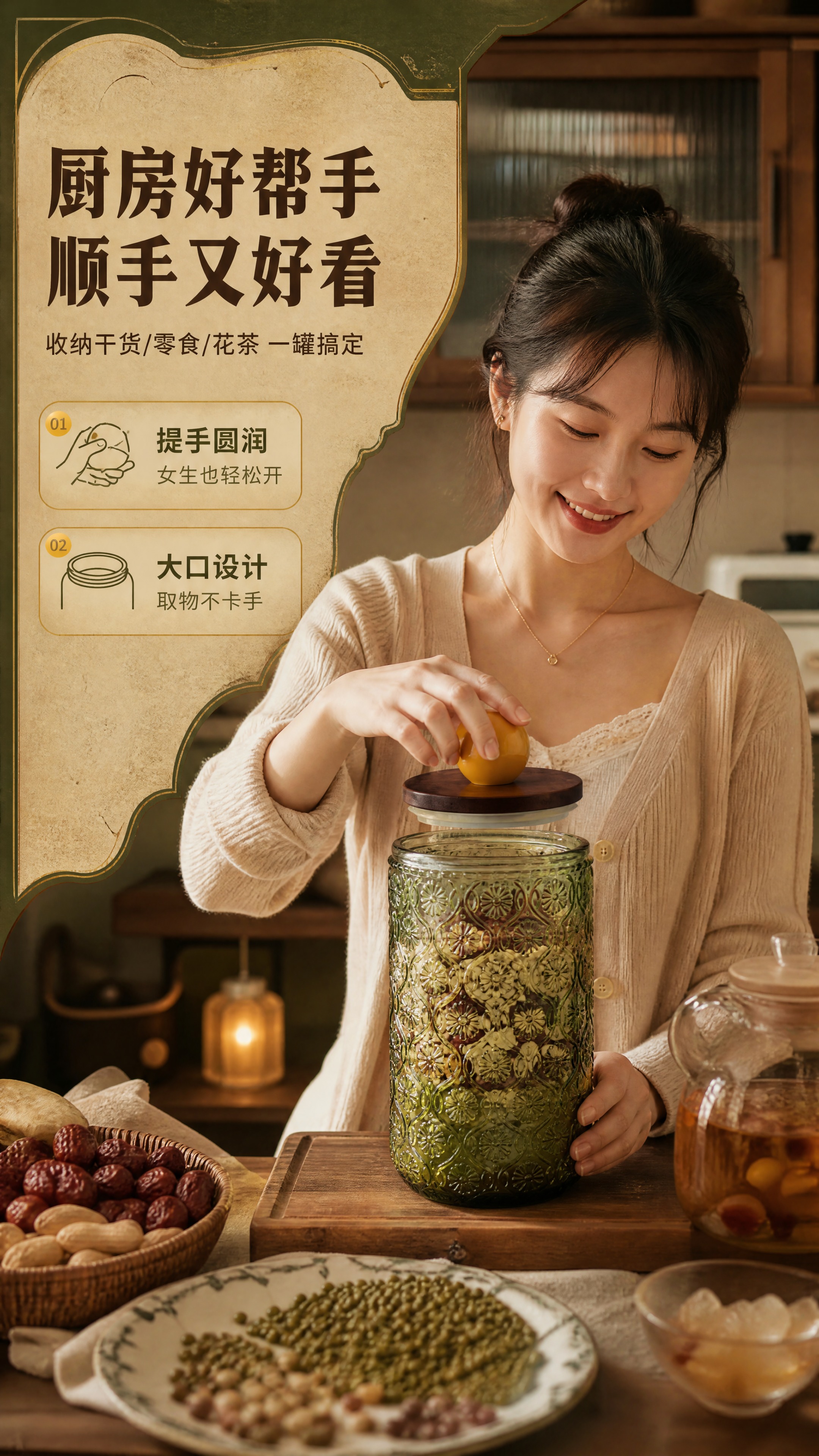 [商品] 使用【图1】复古橄榄绿浮雕玻璃储物罐；保留全部结构、… - 图片创意预览