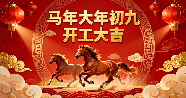 横版画面，马年大年初九开工大吉主题，喜庆红色为主色调，搭配金色装饰，有奔腾的骏马形象，融入传统中式元素，添加文字“马年大年初九 开工大吉”