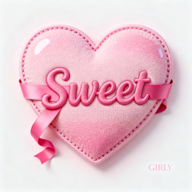一个充满少女感的粉色爱心造型LOGO，整体采用柔和渐变粉色调，爱心由立体织物质感构成，边缘带有细腻缝线细节，表面呈现微妙颗粒纹理与高光反射，营造3D浮雕效果；爱心中央嵌入“Sweet”字样，字体为圆润手写风格，字母以同色系粉红丝带缠绕形态呈现，丝带穿过爱心孔洞并自然垂落，末端微卷；背景为纯净无杂质的浅粉白纯色，画面右下角轻印“GIRLY”小字作为氛围点缀；整体构图居中对称，视觉焦点集中于爱心与……预览效果