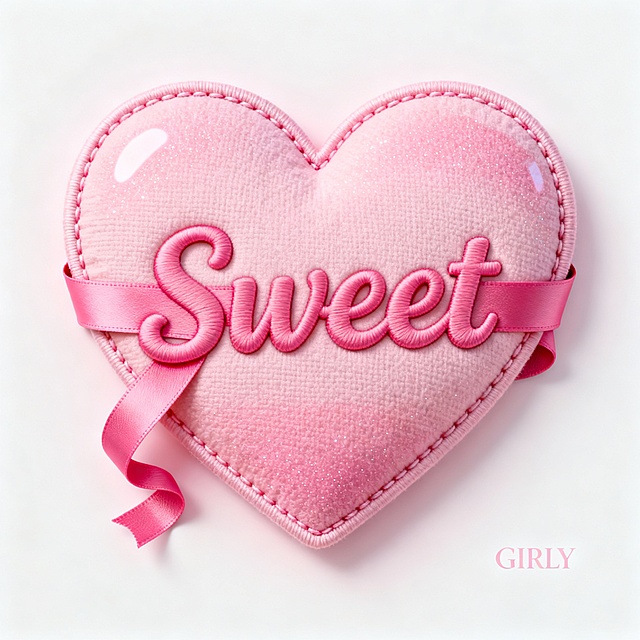一个充满少女感的粉色爱心造型LOGO，整体采用柔和渐变粉色调，爱心由立体织物质感构成，边缘带有细腻缝线细节，表面呈现微妙颗粒纹理与高光反射，营造3D浮雕效果；爱心中央嵌入“Sweet”字样，字体为圆润手写风格，字母以同色系粉红丝带缠绕形态呈现，丝带穿过爱心孔洞并自然垂落，末端微卷；背景为纯净无杂质的浅粉白纯色，画面右下角轻印“GIRLY”小字作为氛围点缀；整体构图居中对称，视觉焦点集中于爱心与文字的融合结构，光影柔和均匀，氛围甜美梦幻、清新可爱，具有强烈品牌识别度与女性化设计语言。