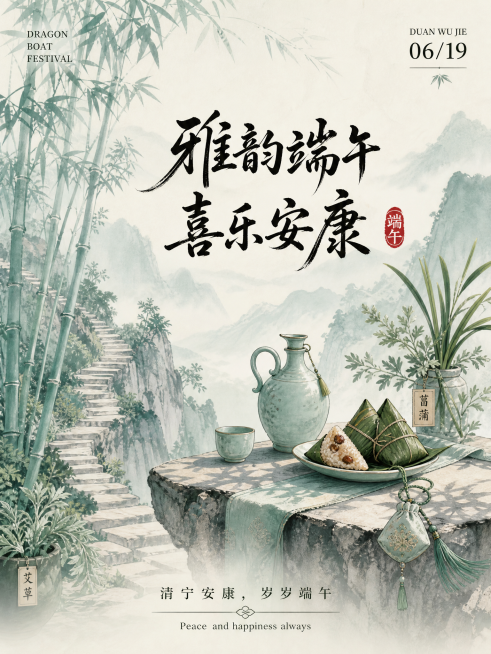 竖版端午节主题海报，新中式国风水墨插画风格，主色调为浅青绿色+米白，整体清新淡雅，8K质感。
主体画面：
- 背景：淡青绿色水墨山水，搭配云雾、远山、柳树、石桥，营造江南水乡意境。
- 中景：河道中两预览效果