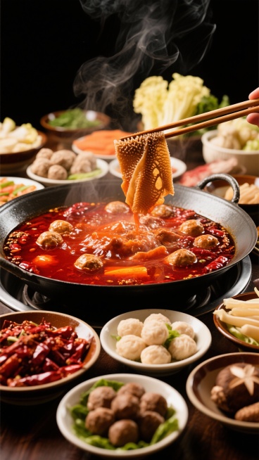 高质感餐饮美食摄影，深色背景突出食物色彩，特写沸腾的红色汤底火锅（里面有辣椒花椒肉类丸子），蒸汽缭绕，筷子夹起鲜嫩毛肚，周围摆放多种配菜如蔬菜、丸子、菌菇，食材新鲜饱满，光影对比强烈，高光凸显汤汁光泽预览效果