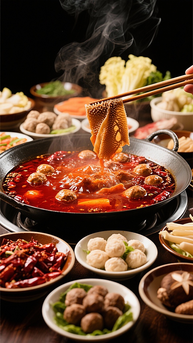 高质感餐饮美食摄影，深色背景突出食物色彩，特写沸腾的红色汤底火锅（里面有辣椒花椒肉类丸子），蒸汽缭绕，筷子夹起鲜嫩毛肚，周围摆放多种配菜如蔬菜、丸子、菌菇，食材新鲜饱满，光影对比强烈，高光凸显汤汁光泽与肉质纹理，暖色调营造热烈诱人氛围，不同角度展现火锅餐桌的丰盛场景，细节丰富，构图聚焦食物主体，具有强烈的食欲感和视觉冲击力。