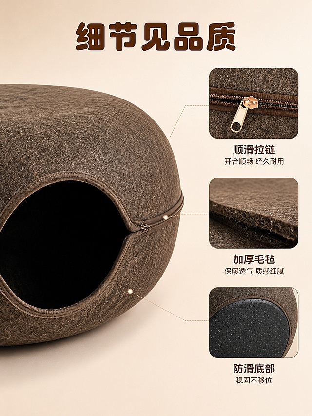 [主图-3] 毛毡甜甜圈猫窝细节材质展示图。
[氛围风格] 品质细节展示风，高级质感，突出材质工艺；
[画质] 商业摄影质感、微距细节清晰、光线细腻、画面干净高级。
[元素] 画面主体为深棕色毛毡甜甜圈猫窝的45度斜侧特写，占据画面左半部分，猫窝正面洞口和侧面拉链清晰可见，毛毡表面纤维纹理细腻真实。右侧分布三个圆角画中画细节小卡片，用细浅棕色引线从产品对应位置引出：上方卡片展示拉链头与拉链齿的微距特写，中间卡片展示毛毡材质截面的厚度与密度特写，下方卡片展示猫窝底部防滑底细节。背景为纯净的浅米色渐变背景，简洁突出产品和细节。**保持猫窝产品外观（甜甜圈圆形造型、毛毡材质、深棕色、拉链结构）与输入产品图一致，杜绝任何变形和色差，精细化处理毛毡纤维纹理**。商品主体占比约60%。
[光影] 左侧主光+右侧柔光补光，形成柔和明暗过渡；毛毡表面有细腻的光影变化，突出材质的肌理感和厚度；拉链金属部分有自然高光，细节清晰。
[配色] 主色深棕+浅米；辅色暖金（拉链高光）。
[视角构图] 45度斜侧视角，产品在左，细节卡片在右呈竖排分布；引线清晰指向对应部位，信息逻辑明确。
[文字版式] 顶部居中主标题写"细节见品质"，深棕色圆润粗体大字。右侧三个细节卡片下方各有标注文字：上「顺滑拉链」「开合顺畅 经久耐用」、中「加厚毛毡」「保暖透气 质感细腻」、下「防滑底部」「稳固不移位」，标题为深棕色中号圆体，说明为深灰色小号常规字。卡片为白色圆角矩形，带轻微投影。
[输出要求] 3:4比例，文字清晰锐利，超高清商业摄影质感。
[负向提示词] 变形，文字错乱，产品图模糊，背景杂乱，水印，电商平台Logo，多余的手。