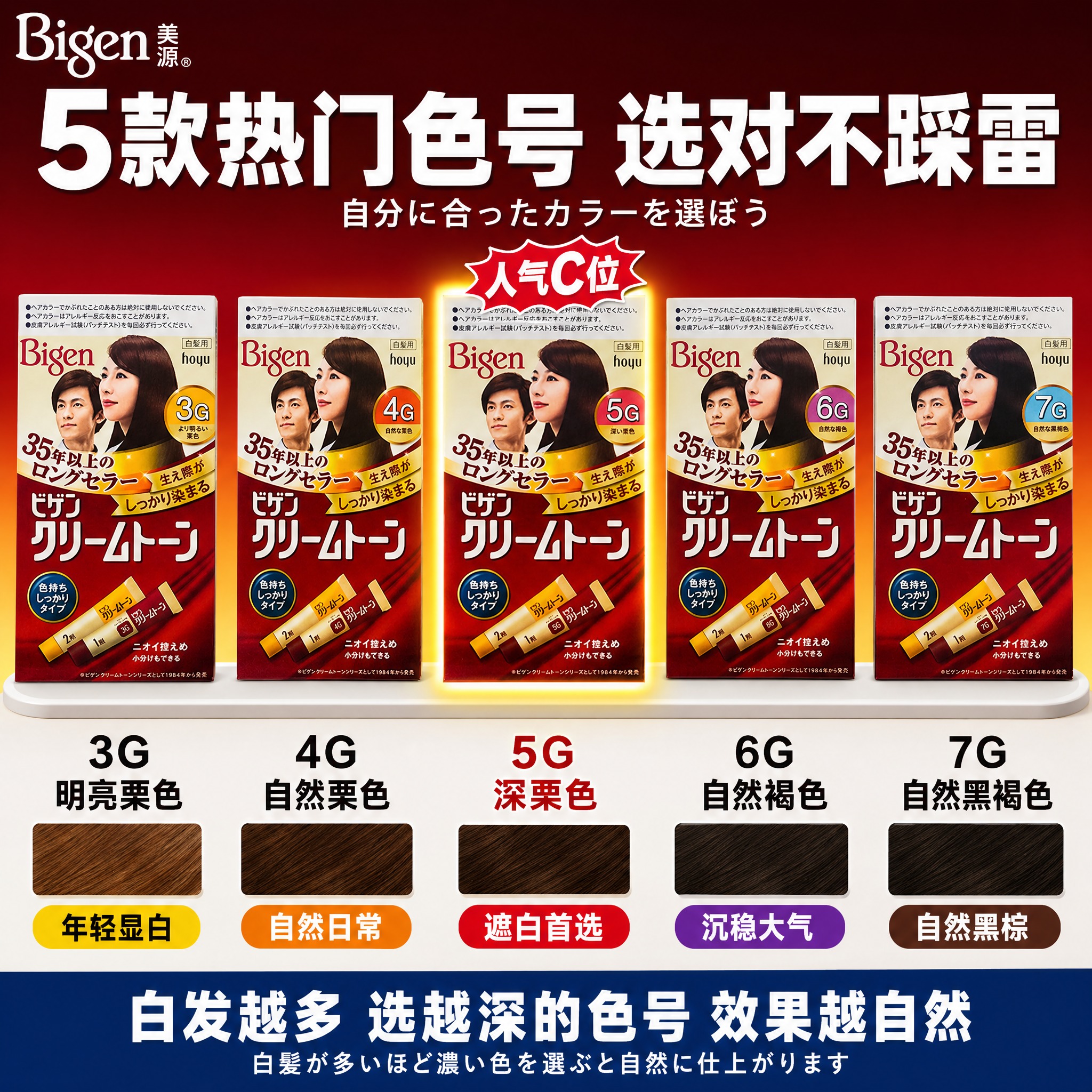 [主图-3] Bigen美源可瑞慕染发膏 五色选购指南图 爆款… - 图片创意预览