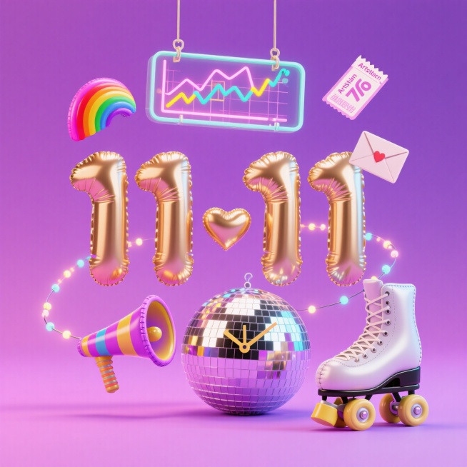 主体 “11・11” 是鎏金的反光字体，装饰有迪斯科球改造的喇叭（灯光闪烁）、滚轴溜冰鞋造型时钟、亮片信封，爱心是迪斯科灯球，数据图表是彩色的迪斯科舞池动线图，折扣标识是复古霓虹灯牌。背景是紫粉渐变，预览效果