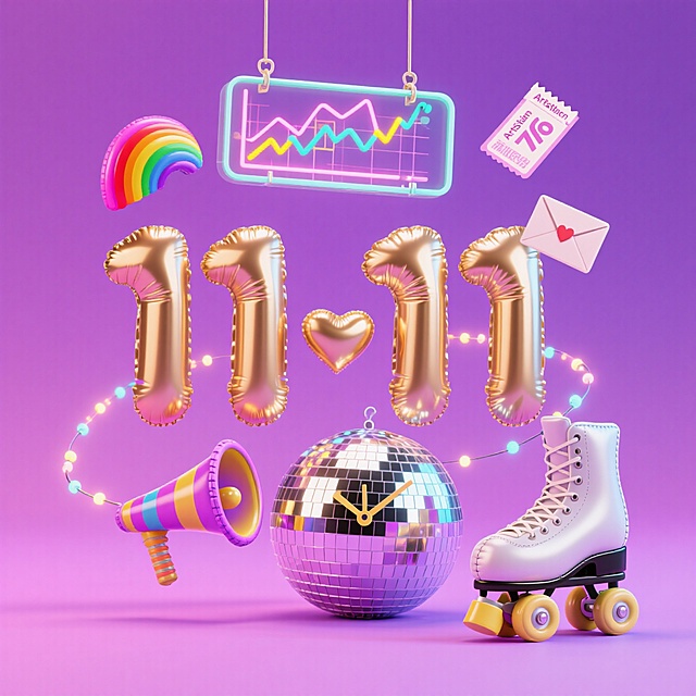 金色充气 “1111”，搭配迪斯科球、轮滑鞋等，满溢双 11 复古狂欢感