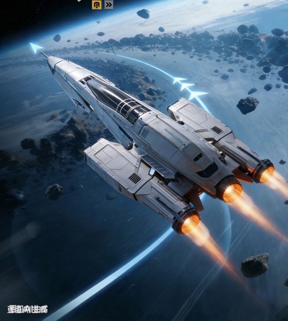 将科幻战舰机身向右旋转30°，保持其他画面元素、光影风格不变，战舰中轴线仍与蓝色轨迹箭头重合预览效果