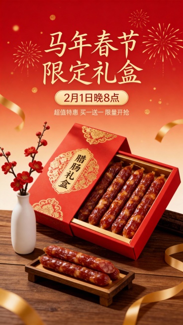 画面下方为参考图礼盒。前景摆放着香肠在矩形木质小架子上，直立圆口白色花瓶插着红色腊梅。海报顶部有金色中文主标题“马年春节 限定礼盒”（一排），采用手写现代纤细连笔字体。主标题下方有圆角矩形标签，写着“预览效果
