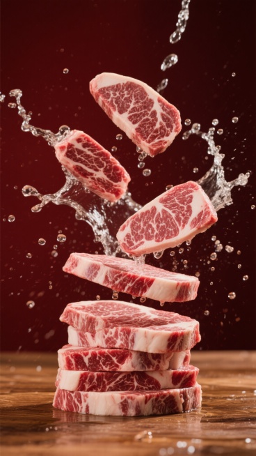 高质感美食摄影风格，深红色背景，木质桌面上堆叠着纹理清晰、红白相间的雪花牛肉，几片牛肉正从上方跃起，周围溅起晶莹剔透的水花和水珠，光线聚焦在牛肉上形成柔和高光，突出肉质的鲜嫩与光泽，整体画面富有动感与食欲，色调温暖浓郁，细节清晰，营造出新鲜食材的活力氛围。预览效果