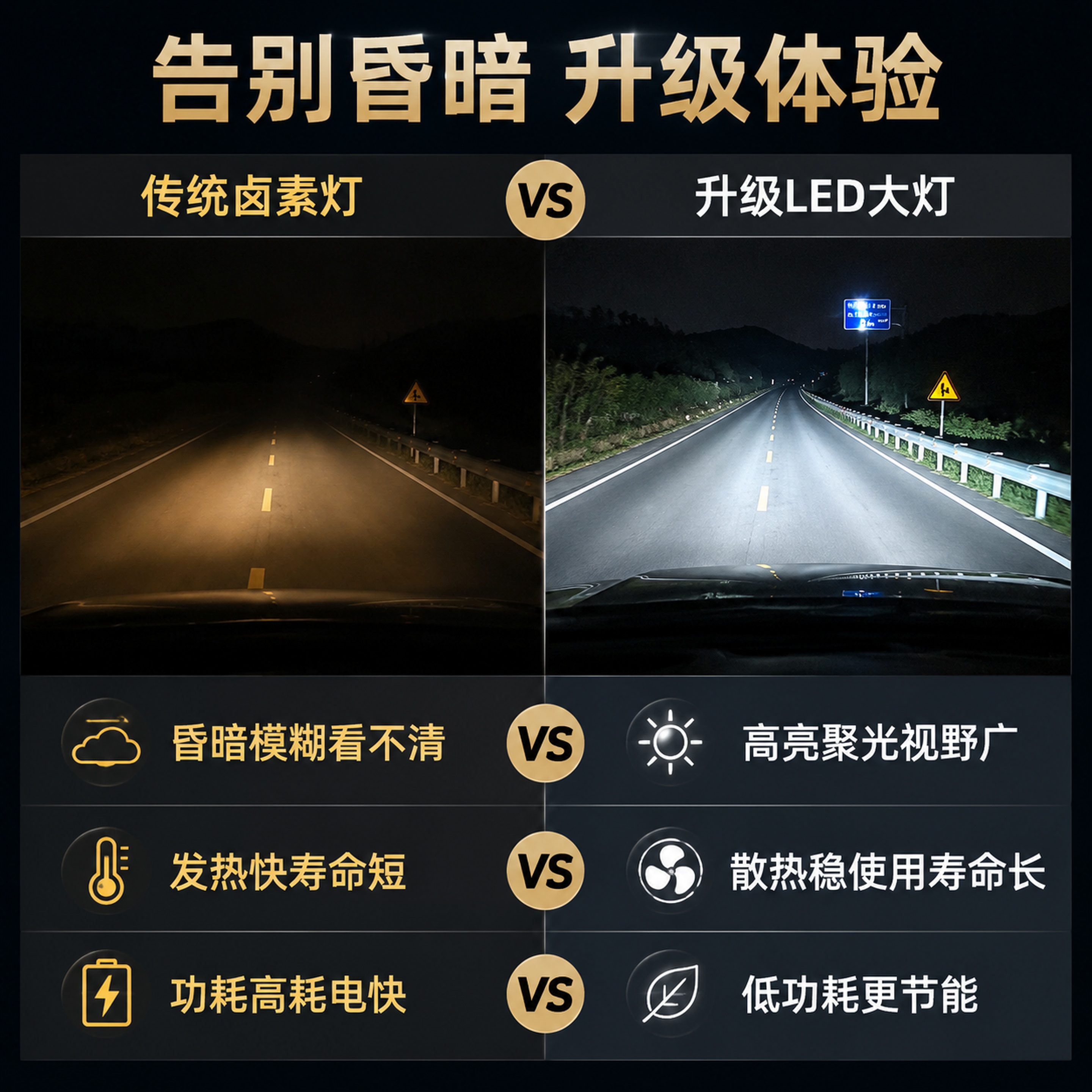 [第2屏] 传统车灯痛点直击对比图。无需产品主体展示。 [氛围… - 图片创意预览
