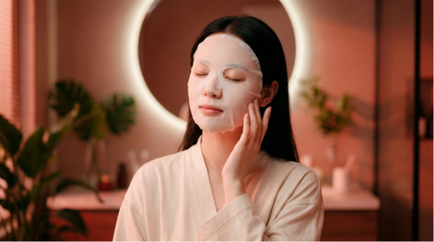 0-1秒：模特站在暖红调居家场景中，单手轻扶面膜两侧边角，做好揭膜准备，暖红色柔光均匀铺满画面；1-4秒：模特以极舒缓自然的节奏，单手轻柔地将面膜从面部完整撕下，动作连贯丝滑，全程无停顿、无多余动作；预览效果