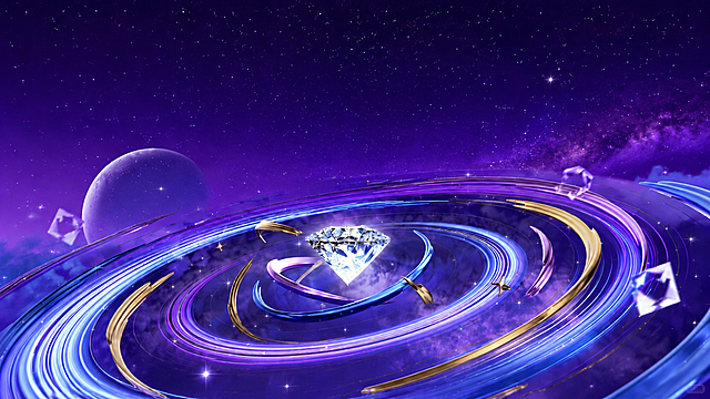 保留原图的紫色星空背景、环绕螺旋彩色线条、中心钻石，去掉全部文字内容，保持整体风格不变