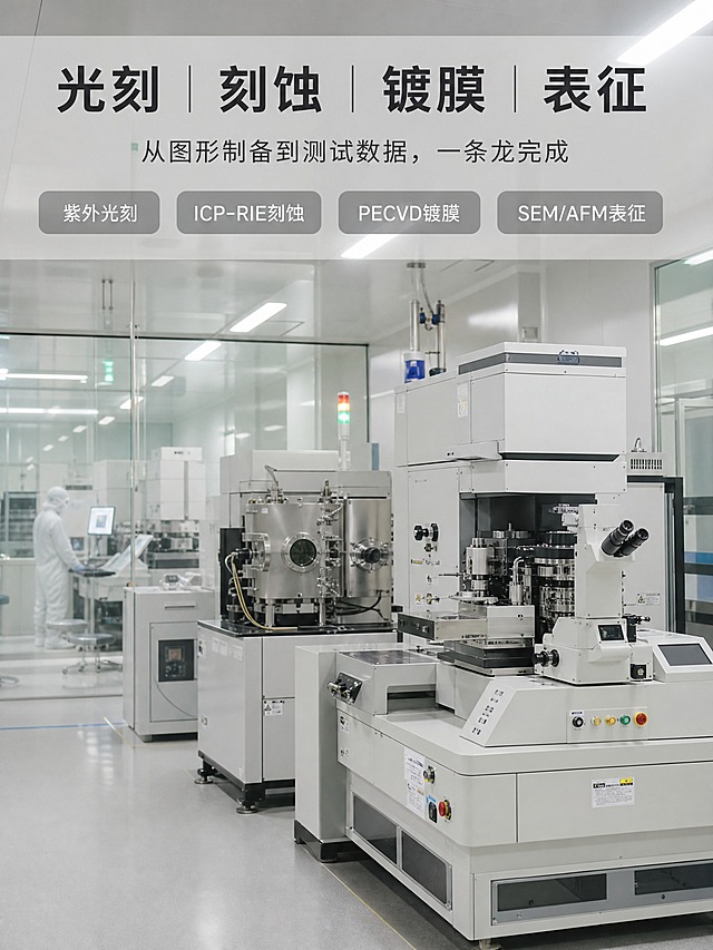 3:4竖版真实半导体洁净间纪实实拍，玻璃隔断，洁净柔和顶灯，远处穿无尘服工程师，晶圆设备轮廓清晰可见，低饱和米灰冷白色调，禁止霓虹色、高饱和蓝色、赛博炫光，真实相机拍摄质感，轻微照片噪点，8K实拍感，不要CG渲染，设备主体不被遮挡。画面上方有半透明浅灰底条，清晰中文标题“光刻｜刻蚀｜镀膜｜表征”，副标题“从图形制备到测试数据，一条龙完成”，下方四个标签文字“紫外光刻”“ICP‑RIE刻蚀”“PECVD镀膜”“SEM/AFM表征”，字体为简约无衬线体，白色+深灰色文字，文字清晰无乱码，排版规整不遮挡设备主体。