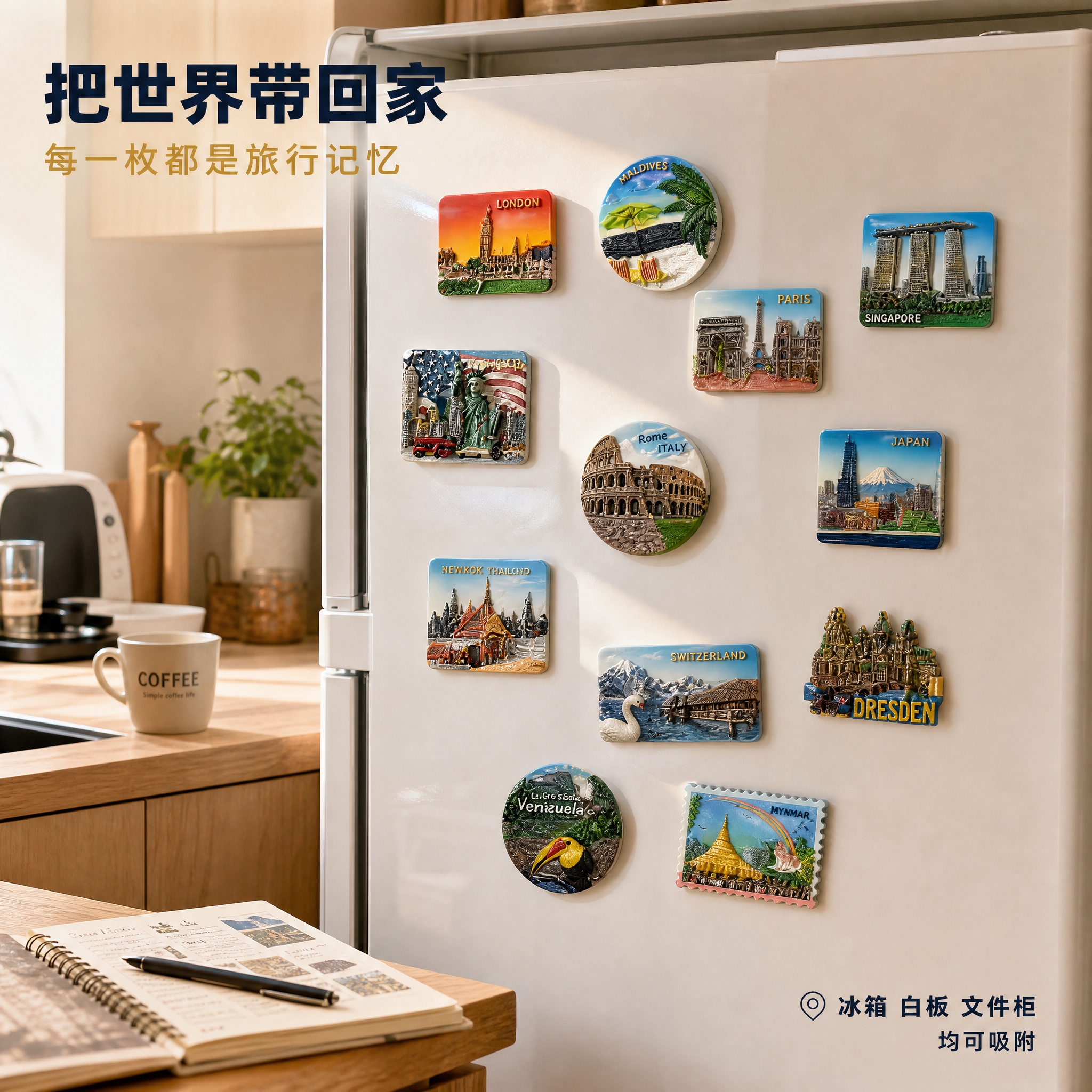 [主图-4] 使用场景图，展示冰箱贴在真实家居场景中的装饰效果… - 图片创意预览