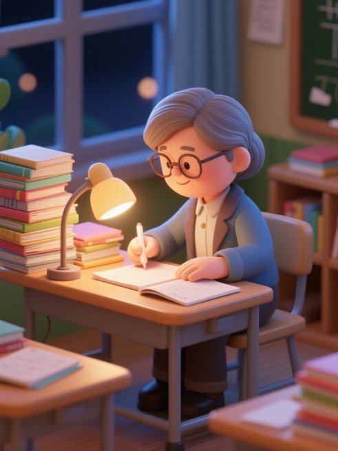 教师节场景，深夜，老师坐在书桌前为学生批改作业，桌子上堆满了作业本，台灯的灯光柔和地照在老师的发梢上，老师表情慈祥，温暖的氛围，8k，超高清预览效果